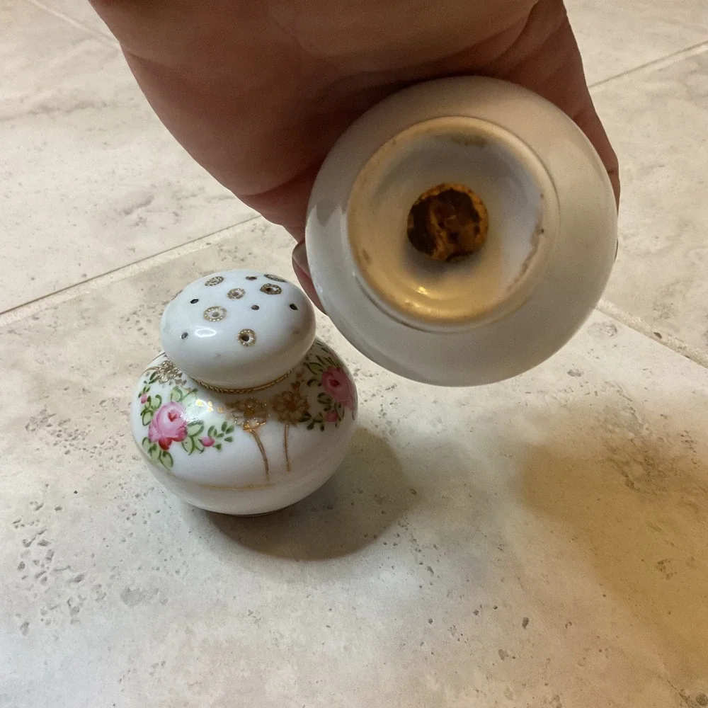 Vintage Hand Painted Porcelain Salt and Pepper Shakers Pink Roses Gold Gilt Set